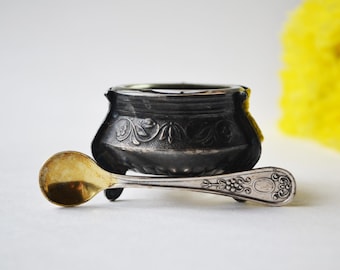 Vintage salt cellar with spoon, 1970s