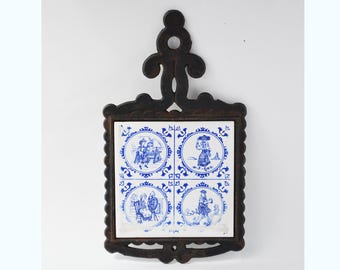 Vintage gietijzeren onderzetter met keramische tegels, Japans keukendecor uit de jaren 60;