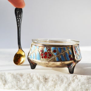 Enamel Salt cellar with spoon, Vintage cloisonne salt holder