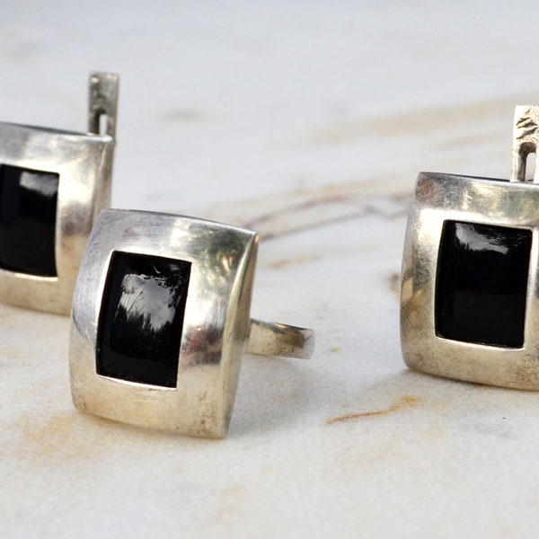 Brutalist jewelry set Black onyx ring and earrings Vintage sterling silver