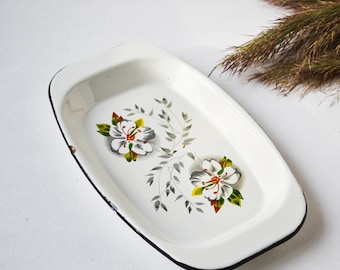 Vintage enamel plate, Rectangular white metal plate