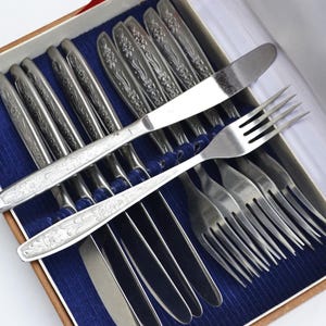 Vintage Stainless Steel Flatware Set, Floral Fork and Knife Set, Mid Century Cutlery, Soviet Tableware, Gift