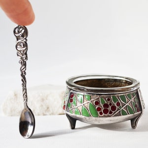Vintage salt cellar spoon, Enamel caviar dish, Cloisonne mustard jar