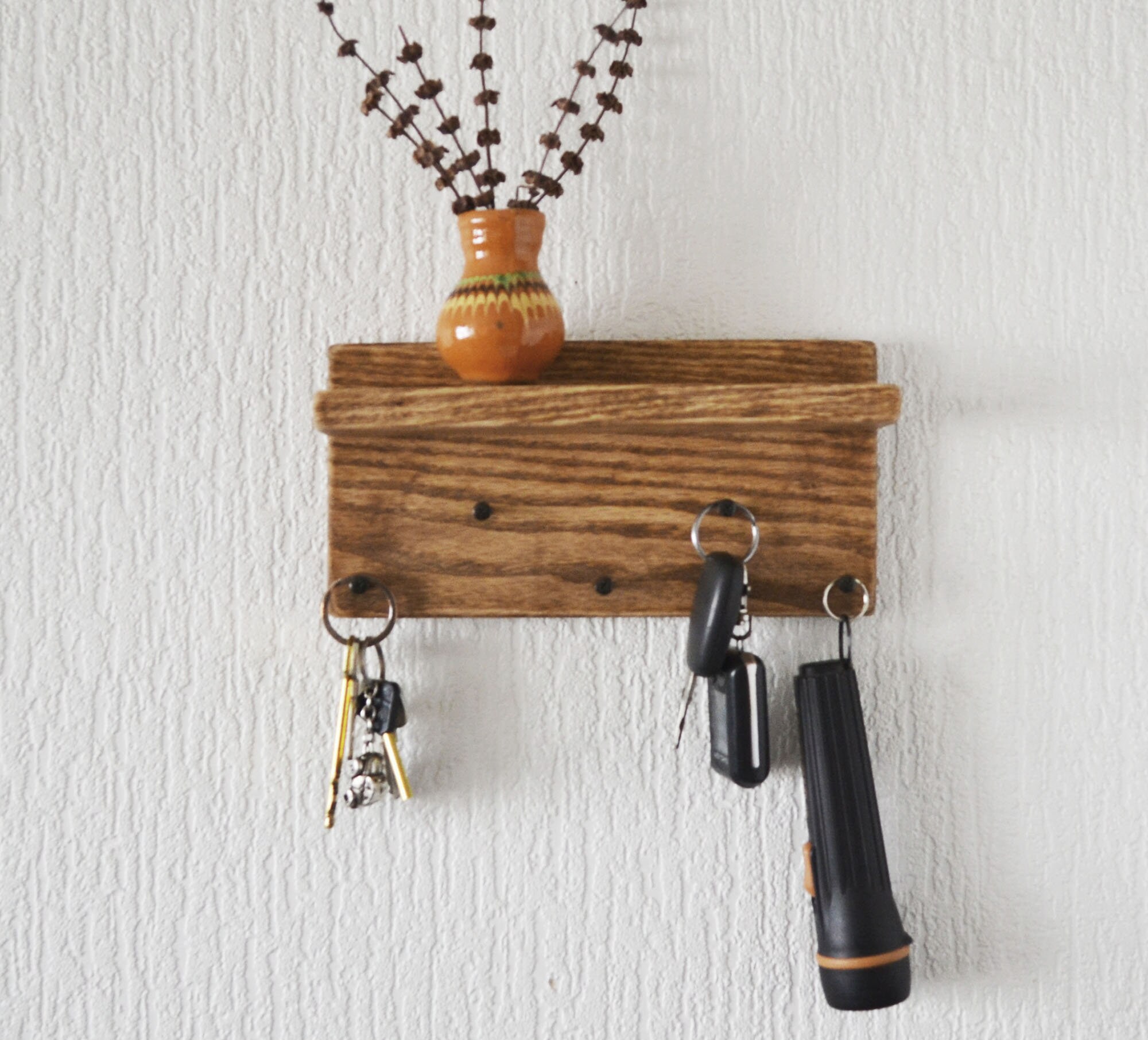 Key holder for wall with shelf Small wooden holder key Etsy