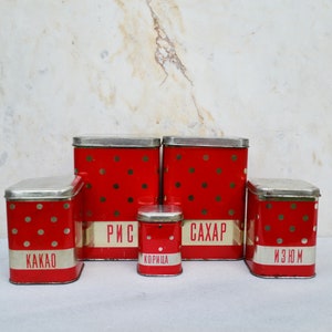 Tin boxes with lid vintage Polka set of 5, Canister set