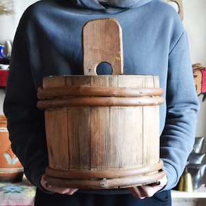 Primitive wood tub, Vintage wooden bucket, Rustic decor, Hand made, Wabi Sabi decor