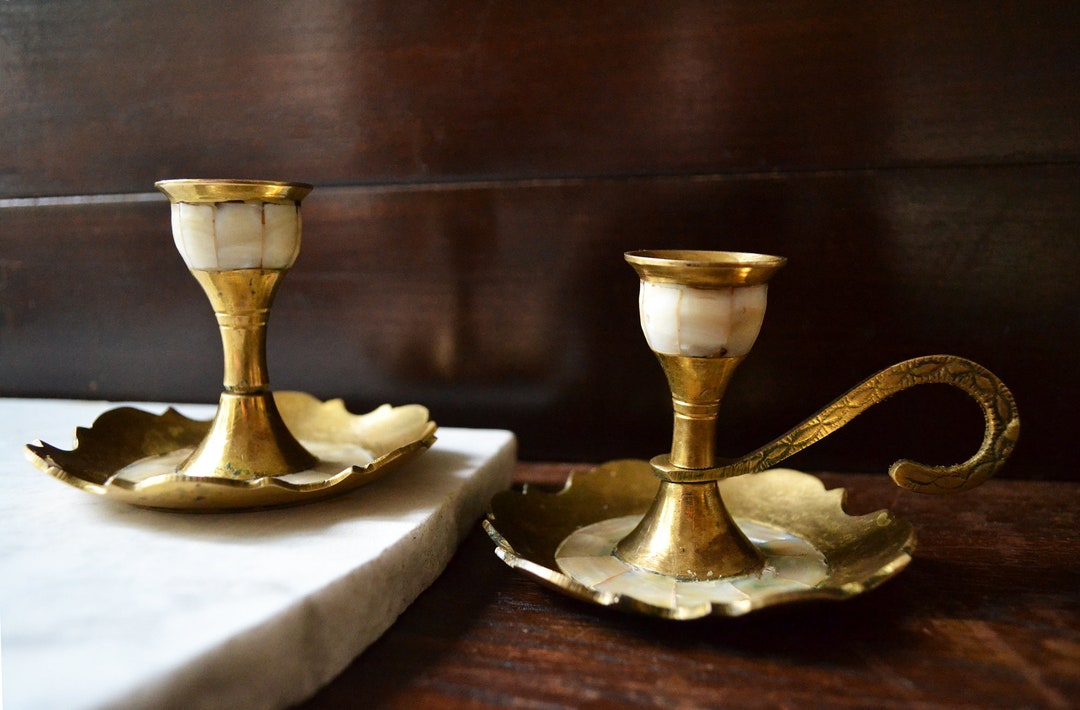 Pair Brass Candlestick With Mother of Pearl Inserts Vintage Etsy