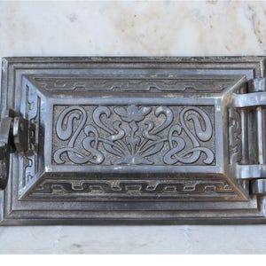 Small antique cast iron wood fired oven door, Fireplace door, 1900s
