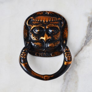 Könnte beinhalten: Verzierter, bronzefarbener Türklopfer mit einem stilisierten Löwengesicht und einem Ringgriff. Der Türklopfer ist schwarz lackiert mit bronzefarbenen Akzenten, was eine Vintage-Ästhetik erzeugt. Das Löwengesicht hat detaillierte Merkmale.