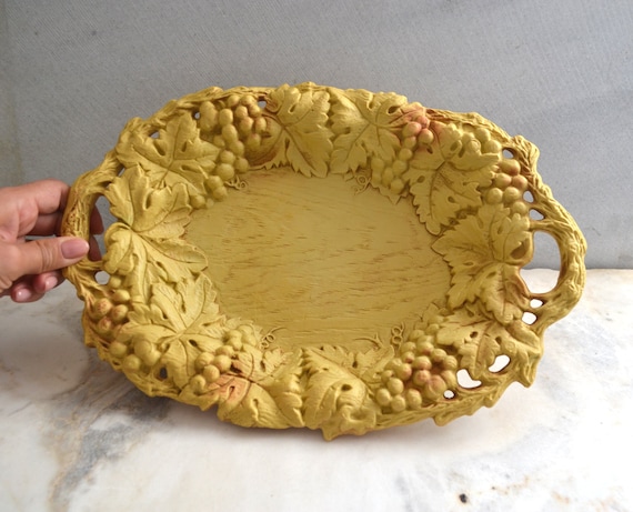Vintage Soviet Fruit Bowl, USSR Plastic Serving Tray, 1980s Grape Pattern, Retro Kitchen Decor, Oval Fruit Basket