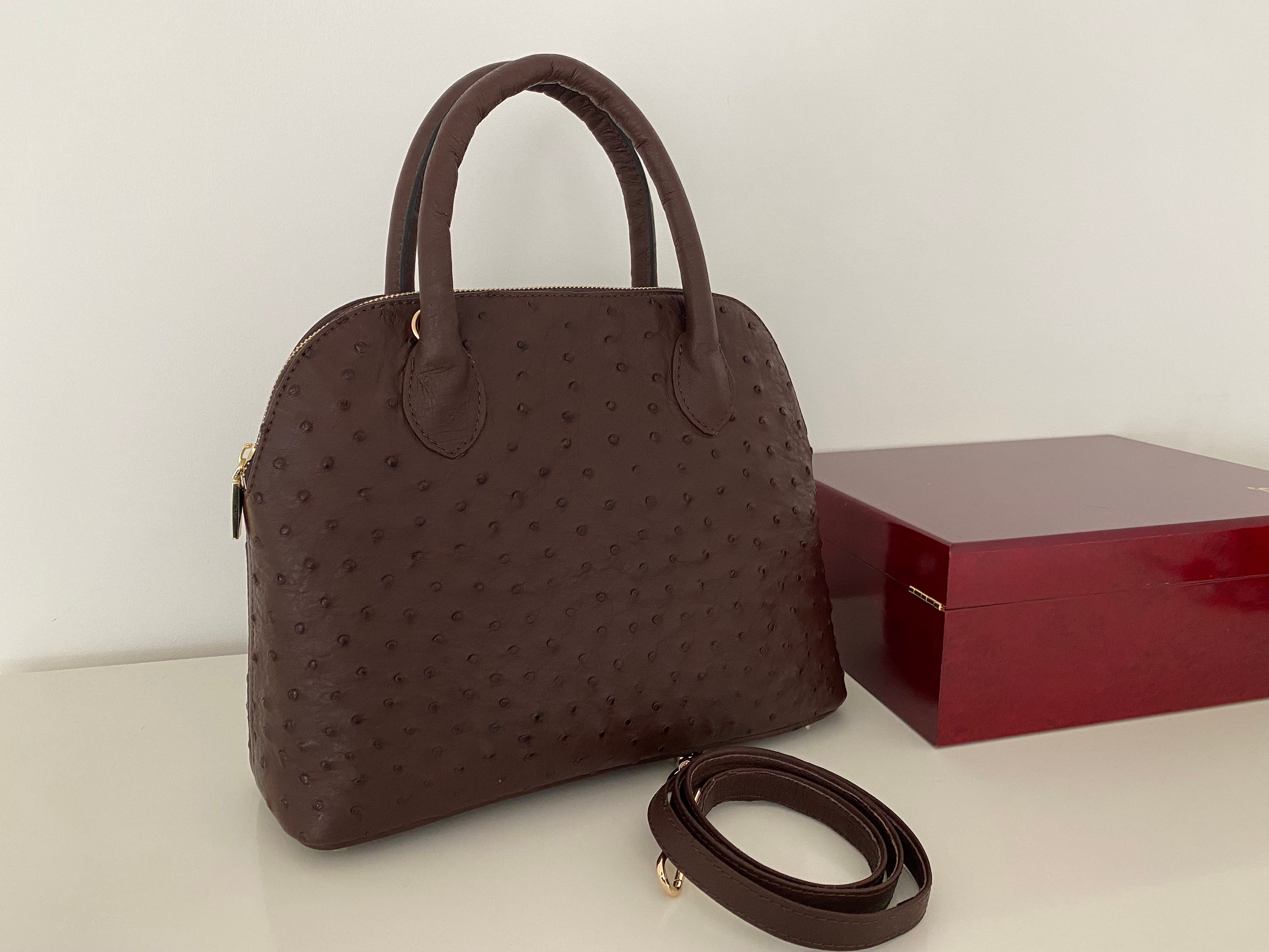 Genuine ostrich leather bag, Lady's handbag, Elegant woman bag.