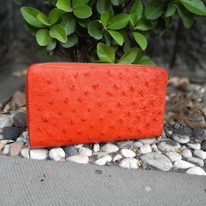 Cartera de mujer de cuero genuino de avestruz, cartera con cremallera de cuero alrededor, cartera de mujer hecha a mano, cartera de embrague, bolso de mujer