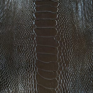 Op de afbeelding: Close-up van een donkerbruin leermateriaal met een reptielachtige textuur. Het patroon heeft een centraal, gesegmenteerd ontwerp geflankeerd door een schubachtig patroon, waardoor een getextureerd oppervlak ontstaat.
