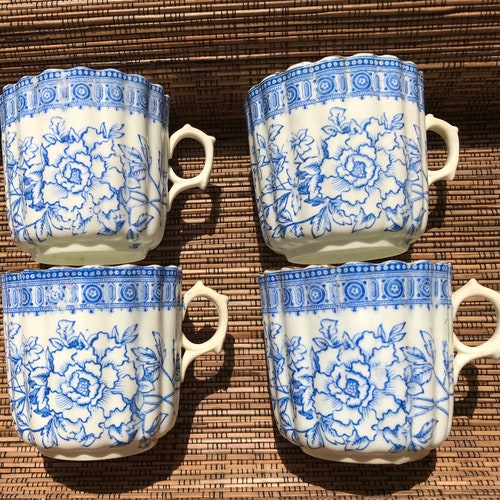 4 shops Blue Transferware Aesthetic Movement Cups