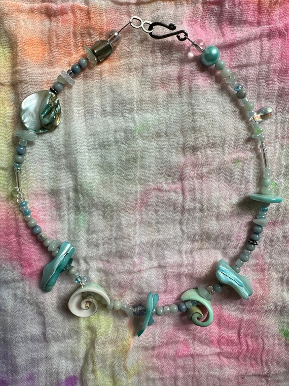 Blue Spiral Shell Choker Crystals Silver Glass Recycled Materials Amazonite Aqua Marine