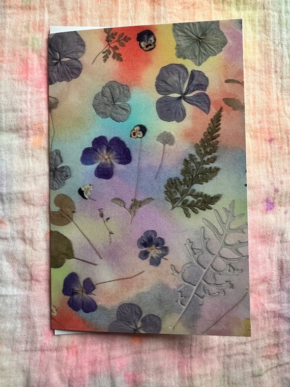 Pressed Flower Greeting Card Blank with Envelope Artist Print Violets Violas Ferns Geraniums Hydrangeas