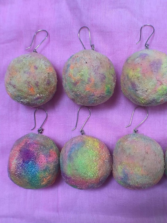 Rainbow Organic Handspun Cotton PomPom Earrings with Sterling Silver