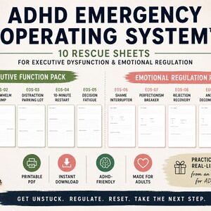 Könnte beinhalten: ADHD Emergency Operating System 10 Rettungsblätter für exekutive Dysfunktion und emotionale Regulation. Enthält zwei Pakete: Executive Function Pack mit fünf Aufgabenblättern und Emotional Regulation Pack mit fünf Regulierungsblättern.