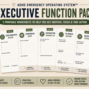 Könnte beinhalten: Ein Set aus fünf druckbaren Arbeitsblättern mit dem Titel ADHD Emergency Operating System Executive Function Pack. Die Seiten enthalten Task Paralysis Rescue, Overwhelm Dump, Distraction Parking Lot, 10-Minute Restart und Decision Fatigue.
