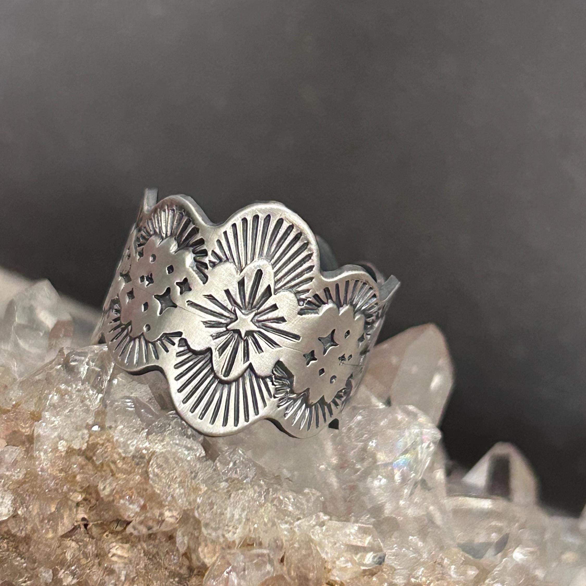 Lacy Starburst Stamped Cigar Band Ring - Scalloped Star - Finished