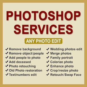 Photoshop service Wedding photos edit Add person Remove people or objects from photo Change background Merge photos Colorize Restore Retouch