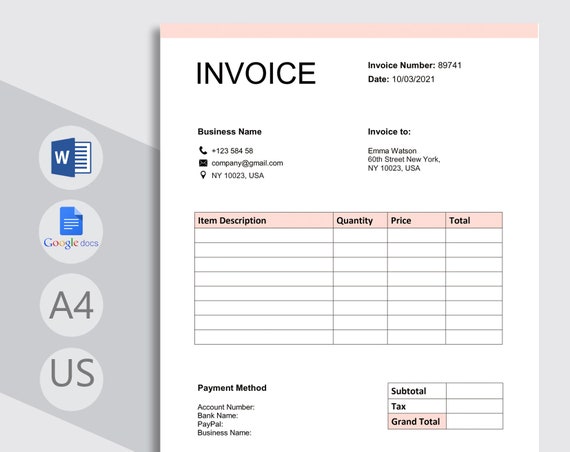 invoice template invoice template word and google docs etsy australia