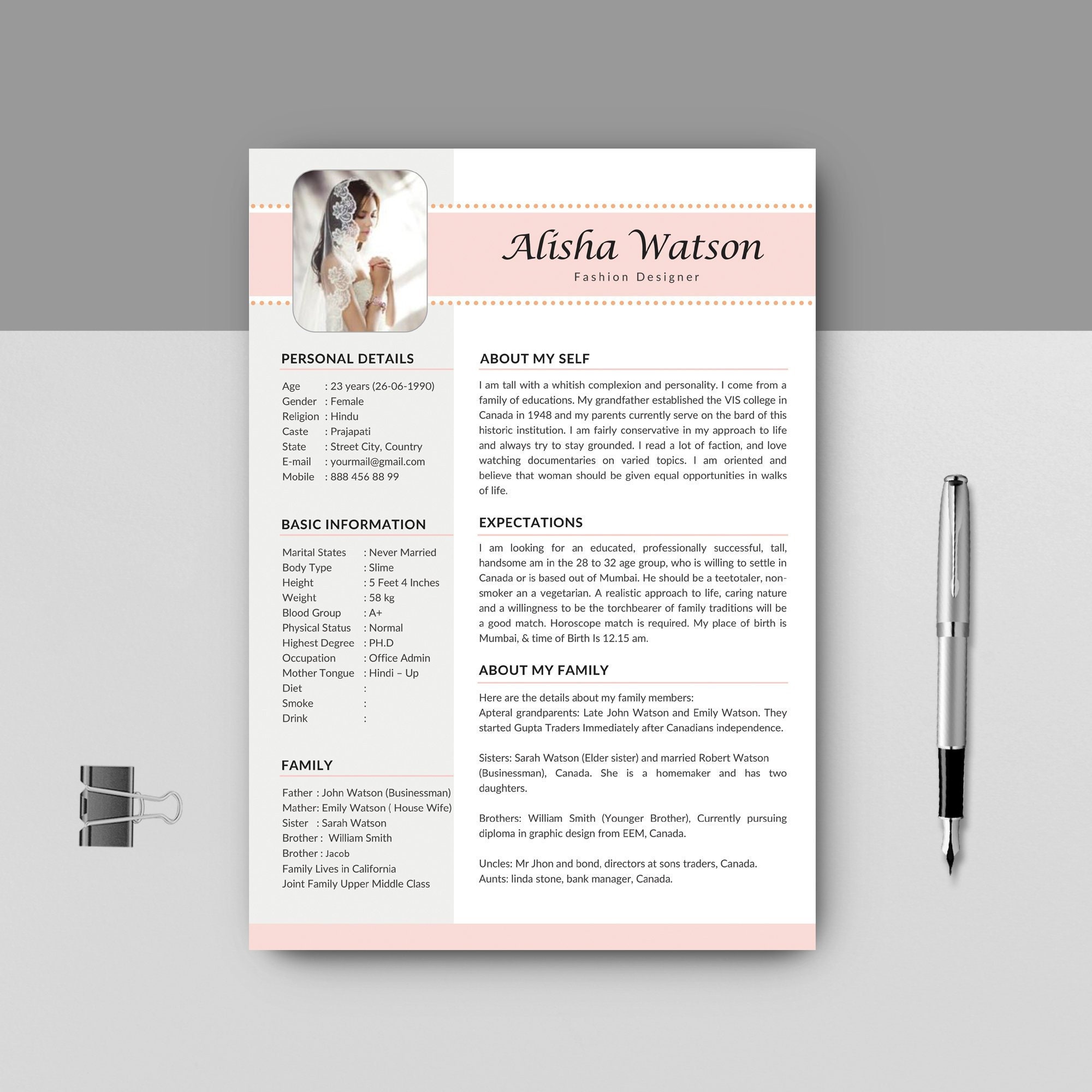 resume for bride format