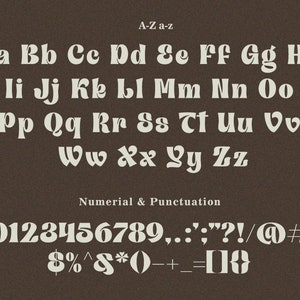May include: A-Z a-z and numeral and punctuation font in a retro style. The letters are white and the background is brown. The font is bold and rounded.