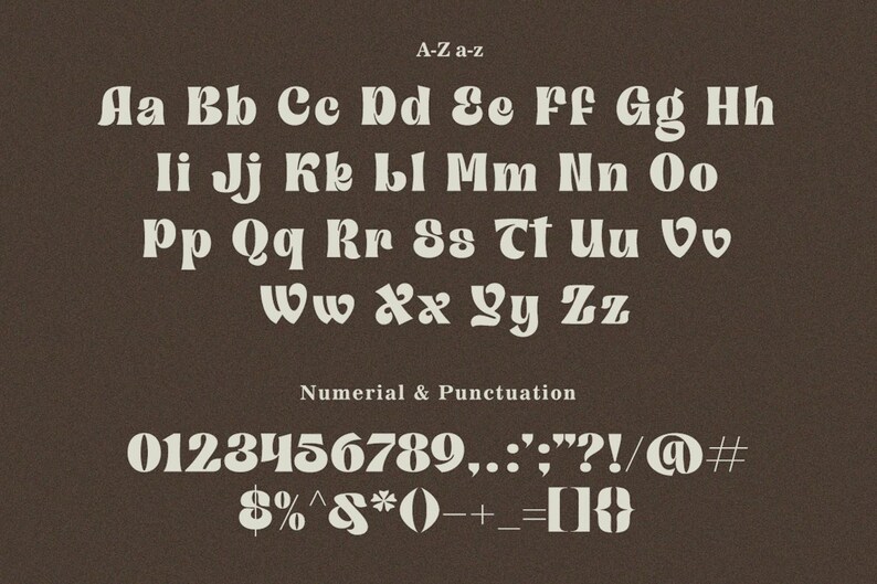 May include: A-Z a-z and numeral and punctuation font in a retro style. The letters are white and the background is brown. The font is bold and rounded.