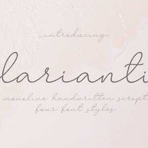 May include: Introducing "Larianti", a handwritten script font with four font styles. The font name is written in a cursive script style on a light pink background.