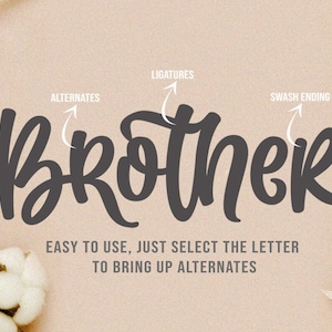 May include: A close-up of the word "Brother" written in a stylized, handwritten font. The word is in black and the background is a light pink. The text "LIGATURES", "ALTERNATES", and "SWASH ENDING" are written in white above the word "Brother" with arrows pointing to different parts of the word. The text "EASY TO USE, JUST SELECT THE LETTER TO BRING UP ALTERNATES" is written in black below the word "Brother".