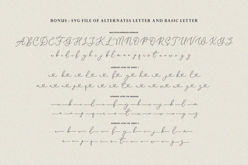 以下が含まれることがあります： 大文字と小文字を含む手書きのフォントアルファベット。単語の始まりと終わりのための代替文字スタイルが含まれています。フォントは筆記体スタイルです。