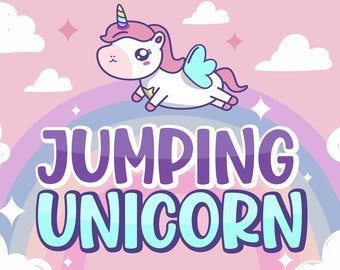 May include: A cartoon unicorn with a rainbow and clouds in the background. The text "JUMPING UNICORN" is written in a colorful font.