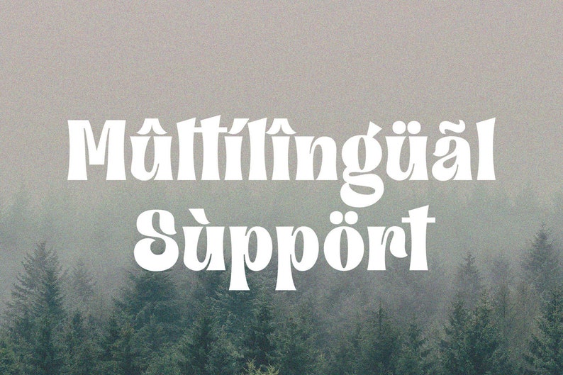 May include: White text on a foggy forest background reads "Multilingual Support".