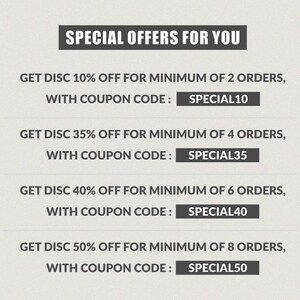 May include: A graphic with text that reads "SPECIAL OFFERS FOR YOU".  The graphic lists four different discount offers for placing multiple orders.  The offers include 10% off for 2 orders, 35% off for 4 orders, 40% off for 6 orders, and 50% off for 8 orders.  Each offer includes a unique coupon code: SPECIAL10, SPECIAL35, SPECIAL40, and SPECIAL50.