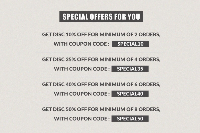 May include: A graphic with text that reads "SPECIAL OFFERS FOR YOU".  The graphic lists four different discount offers for placing multiple orders.  The offers include 10% off for 2 orders, 35% off for 4 orders, 40% off for 6 orders, and 50% off for 8 orders.  Each offer includes a unique coupon code: SPECIAL10, SPECIAL35, SPECIAL40, and SPECIAL50.
