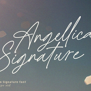May include: White handwritten font on a blue background. The font says "Angelica Signature" and "Handwritten Signature font by subecttype std".