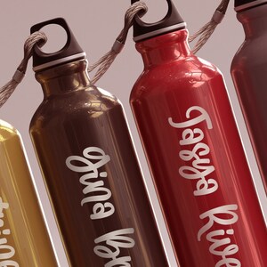May include: Four stainless steel water bottles with personalized names. The bottles are gold, brown, red, and gray. The names are "Kathrine", "Gina Kay", "Tassyia Kisse", and "Emma Poulsen".