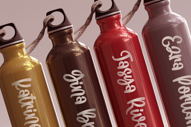 May include: Four stainless steel water bottles with personalized names. The bottles are gold, brown, red, and gray. The names are "Kathrine", "Gina Kay", "Tassyia Kisse", and "Emma Poulsen".