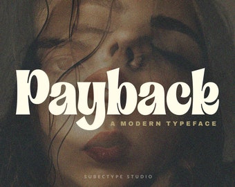 May include: A retro-style font design called "Payback" with a modern typeface. The text is white and set against a blurry background of a person's face.