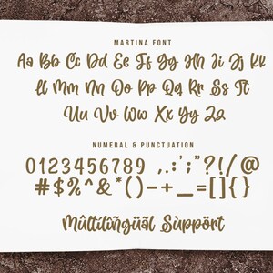 May include: A white sheet of paper with brown text showing the letters and numbers of the Martina font. The text includes the alphabet, numbers 0-9, and punctuation marks. The text also includes the phrase "M&ucirc;ltiling&uuml;al Support".