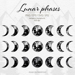 May include: Black and white illustration of the lunar phases, including crescent, half, and full moons. The image includes the text "Lunar phases" and file type information. The background is a light gray with a mountain range design.