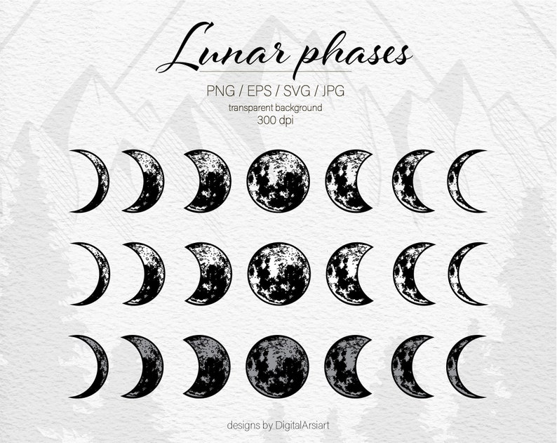 May include: Black and white illustration of the lunar phases, including crescent, half, and full moons. The image includes the text "Lunar phases" and file type information. The background is a light gray with a mountain range design.