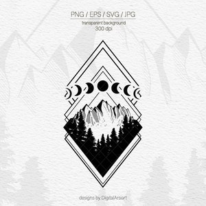 May include: Black and white graphic design featuring a mountain landscape with pine trees and phases of the moon. The design is framed by geometric shapes and includes the text "PNG / EPS / SVG / JPG" and "transparent background 300 dpi".