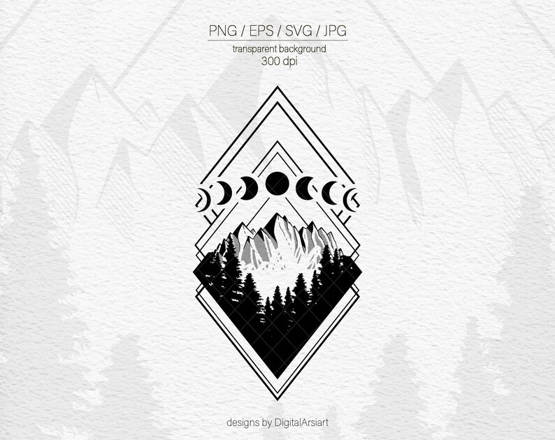 May include: Black and white graphic design featuring a mountain landscape with pine trees and phases of the moon. The design is framed by geometric shapes and includes the text "PNG / EPS / SVG / JPG" and "transparent background 300 dpi".