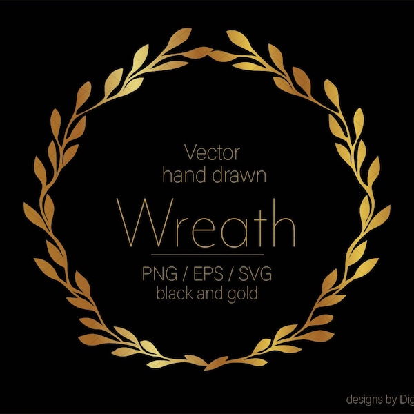 Botanical wreath digital Gold leaves wreath Svg Hand draw wreath Round gold frame Botanical clip art Png Digital vector wreath eps _272