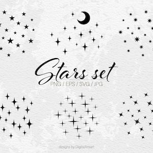 May include: A digital design featuring a collection of black star and crescent moon illustrations. The text "Stars set" is displayed in a script font, with file type options below. Designs by DigitalArsiart.