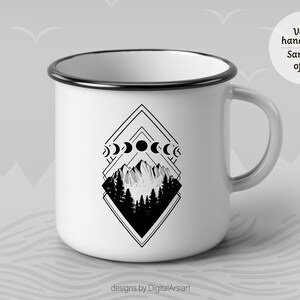 May include: White enamel camping mug with a black geometric design featuring mountains, trees, and moon phases. The mug has a black rim and handle, with the text "Vector hand drawn Samples of use" in a circle.