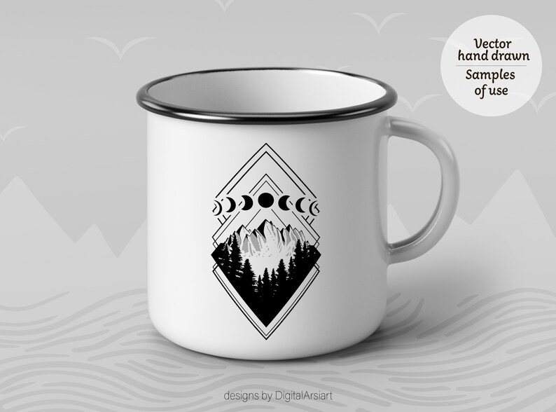 May include: White enamel camping mug with a black geometric design featuring mountains, trees, and moon phases. The mug has a black rim and handle, with the text "Vector hand drawn Samples of use" in a circle.