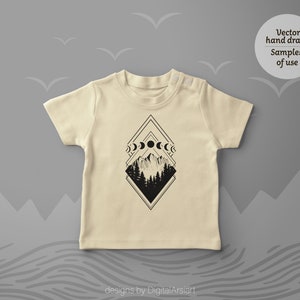 May include: Cream-colored baby t-shirt featuring a black geometric design with mountain and forest silhouettes, moon phases, and the text "Vector hand drawn Samples of use". The design is centered on the shirt.